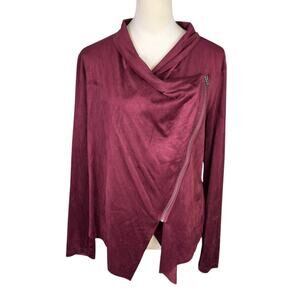 Vigoss Burgundy Maroon Faux Suede Asymmetrical Zip Drape Lightweight Moto Jacket